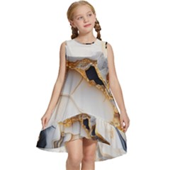 Marble Stone Abstract Gold White Kids  Frill Swing Dress by Ravend