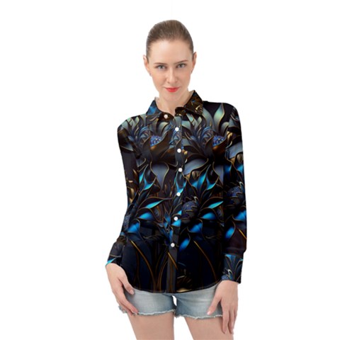 Flower Metal Flowers Sculpture Long Sleeve Chiffon Shirt by Ravend