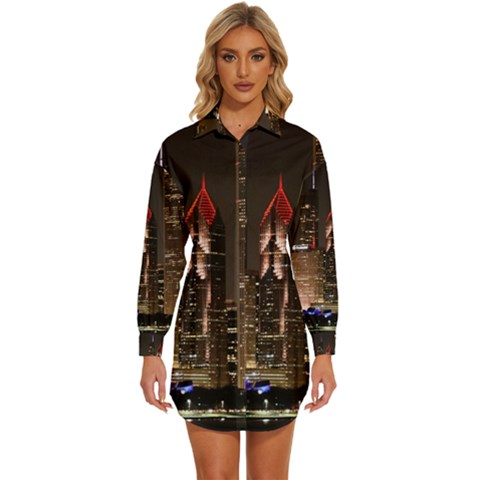 Chicago City Architecture Downtown Womens Long Sleeve Shirt Dress by Ravend