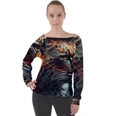 Leopard Feline Artwork Art Fantasy Off Shoulder Long Sleeve Velour Top by Ravend