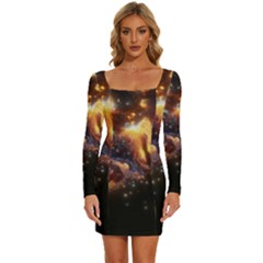 Nebula Galaxy Stars Astronomy Long Sleeve Square Neck Bodycon Velour Dress by Uceng