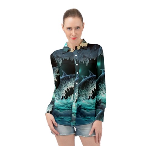 Sculpture Dinosaur Shark Frozen Winter Fantasy Long Sleeve Chiffon Shirt by Ravend