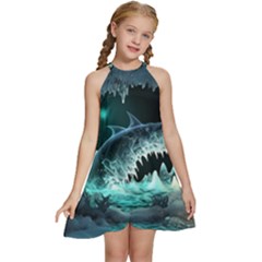 Sculpture Dinosaur Shark Frozen Winter Fantasy Kids  Halter Collar Waist Tie Chiffon Dress by Ravend