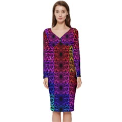 Rainbow Grid Form Abstract Background Graphic Long Sleeve V-neck Bodycon Dress  by Ravend