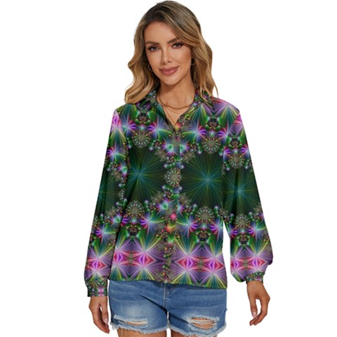 Kaleidoscope Digital Kaleidoscope Fractal Mirrored Women s Long Sleeve Button Down Shirt by Ravend