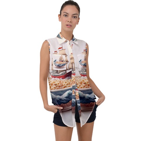 Ai Generated Noodles Pirate Chinese Food Food Sleeveless Chiffon Button Shirt by danenraven