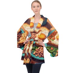 Ai Generated Breakfast Egg Beans Toast Plate Long Sleeve Velvet Kimono  by danenraven