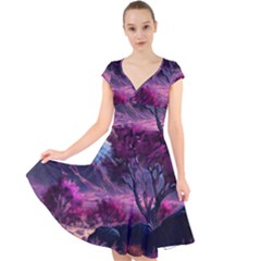 Landscape Landscape Painting Purple Purple Trees Cap Sleeve Front Wrap Midi Dress by danenraven