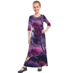 Landscape Landscape Painting Purple Purple Trees Kids  Quarter Sleeve Maxi Dress by danenraven