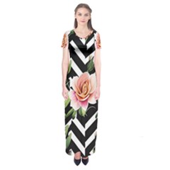 Black Chevron Peach Lilies Short Sleeve Maxi Dress by GardenOfOphir