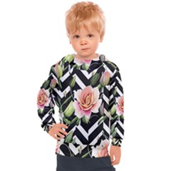 Black Chevron Peach Lilies Kids  Hooded Pullover by GardenOfOphir