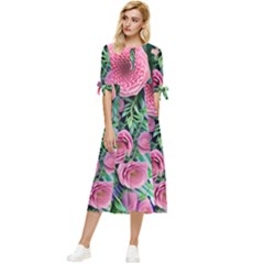 Adorned Watercolor Flowers Bow Sleeve Chiffon Midi Dress by GardenOfOphir