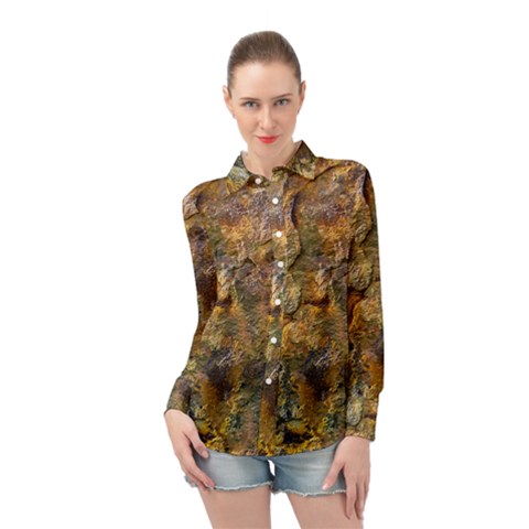 Rusty Orange Abstract Surface Long Sleeve Chiffon Shirt by dflcprintsclothing