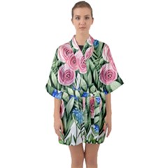 County Charm – Watercolor Flowers Botanical Half Sleeve Satin Kimono  by GardenOfOphir