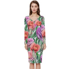 Captivating Watercolor Flowers Long Sleeve V-neck Bodycon Dress  by GardenOfOphir