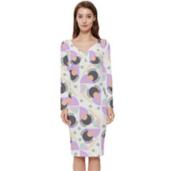 Pattern Pastel Drawing Art Long Sleeve V-neck Bodycon Dress  by Ravend