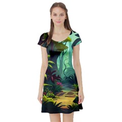 Rainforest Jungle Cartoon Animation Background Short Sleeve Skater Dress by Ravend