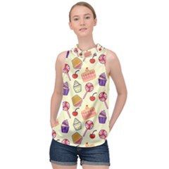 Happy Birthday Cupcake Pattern Lollipop Flat Design High Neck Satin Top by Ravend