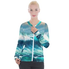 Ai Generated Waves Ocean Sea Tsunami Nautical Painting Casual Zip Up Jacket by Ravend