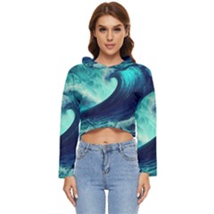 Ai Generated Waves Ocean Sea Tsunami Nautical Fantasy Women s Lightweight Cropped Hoodie by Ravend