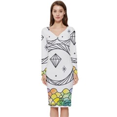 Rainbow Fun Cute Minimal Doodle Drawing Long Sleeve V-neck Bodycon Dress  by Ravend