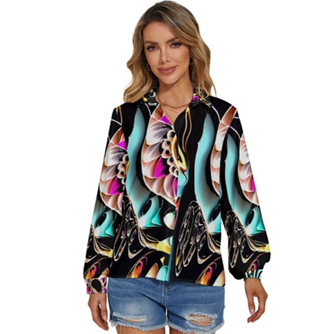 Garden Flower Nature Digital Art Abstract Women s Long Sleeve Button Down Shirt by Ravend