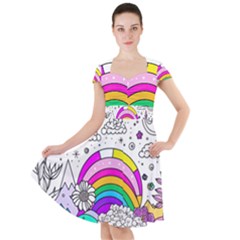 Rainbow Fun Cute Minimal Doodle Drawing Art Cap Sleeve Midi Dress by Ravend