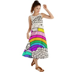 Rainbow Fun Cute Minimal Doodle Drawing Art Summer Maxi Dress by Ravend