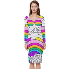 Rainbow Fun Cute Minimal Doodle Drawing Art Long Sleeve V-neck Bodycon Dress  by Ravend