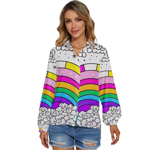 Rainbow Fun Cute Minimal Doodle Drawing Art Women s Long Sleeve Button Down Shirt by Ravend