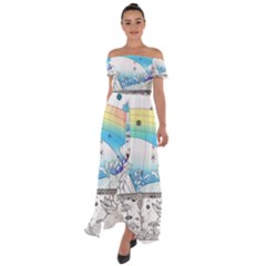 Rainbow Fun Cute Minimal Doodle Drawing Arts Off Shoulder Open Front Chiffon Dress by Ravend