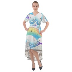 Rainbow Fun Cute Minimal Doodle Drawing Arts Front Wrap High Low Dress by Ravend