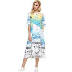 Rainbow Fun Cute Minimal Doodle Drawing Arts Bow Sleeve Chiffon Midi Dress by Ravend