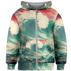 Storm Tsunami Waves Ocean Sea Nautical Nature Painting Kids  Zipper Hoodie Without Drawstring by Ravend