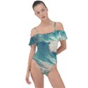 Storm Tsunami Waves Ocean Sea Nautical Nature Painting Frill Detail One Piece Swimsuit View1