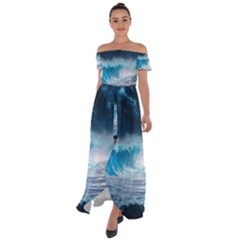 Thunderstorm Storm Tsunami Waves Ocean Sea Off Shoulder Open Front Chiffon Dress by Ravend