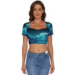 Tsunami Waves Ocean Sea Nautical Nature Water Short Sleeve Square Neckline Crop Top  by Ravend