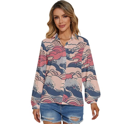 Waves Ocean Sea Water Pattern Rough Seas Women s Long Sleeve Button Down Shirt by Ravend