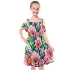 Azure Watercolor Flowers Kids  Cut Out Shoulders Chiffon Dress by GardenOfOphir