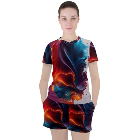 Ai Generated Swirl Splash Blaze Design Art Women s Tee And Shorts Set by Ravend