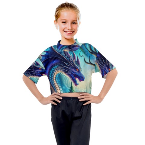 Ai Generated Dragon Fractal Art Texture Kids Mock Neck Tee by Ravend