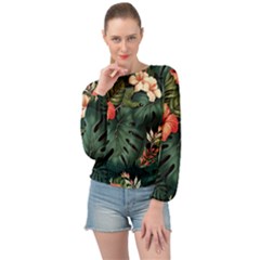 Flowers Monstera Foliage Tropical Jungle Drawing Banded Bottom Chiffon Top by Ravend