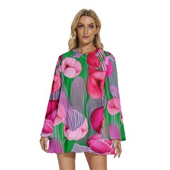 Mysterious And Enchanting Watercolor Flowers Round Neck Long Sleeve Bohemian Style Chiffon Mini Dress by GardenOfOphir