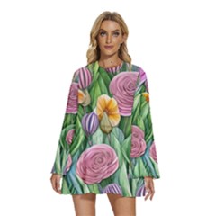 Delicate And Dazzling Watercolor Flowers Round Neck Long Sleeve Bohemian Style Chiffon Mini Dress by GardenOfOphir