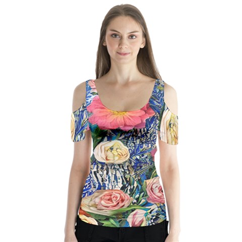 Captivating Watercolor Flowers Butterfly Sleeve Cutout Tee  by GardenOfOphir