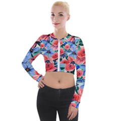 Classy Watercolor Flowers Long Sleeve Cropped Velvet Jacket by GardenOfOphir