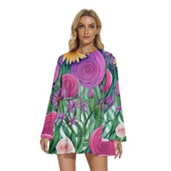 Charming Watercolor Flowers Round Neck Long Sleeve Bohemian Style Chiffon Mini Dress by GardenOfOphir