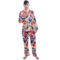 Country-chic Watercolor Flowers Men s Long Sleeve Satin Pajamas Set by GardenOfOphir