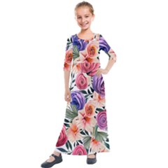 Country-chic Watercolor Flowers Kids  Quarter Sleeve Maxi Dress by GardenOfOphir