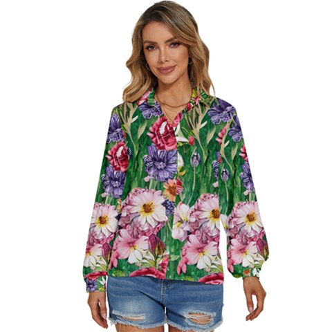 Vintage Tropical Flowers Women s Long Sleeve Button Down Shirt by GardenOfOphir